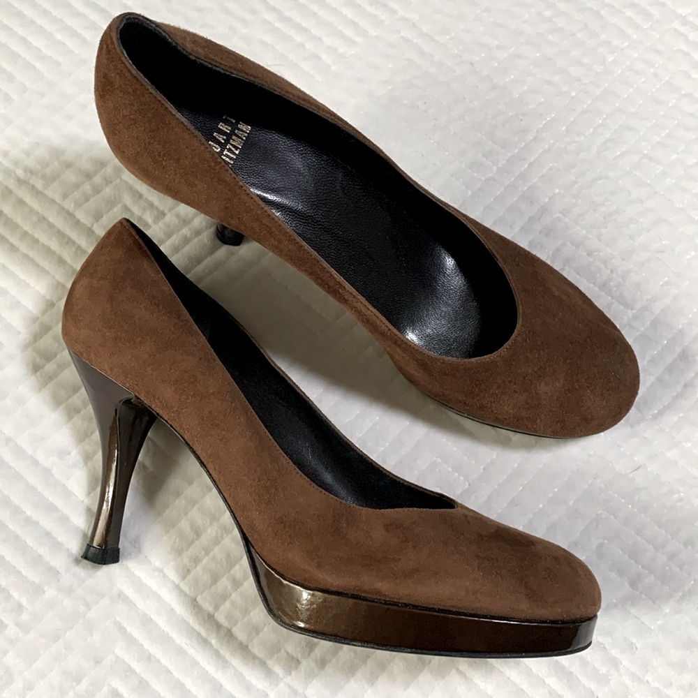 Stuart Weitzman Brown Suede & Patent Leather Platform Heels, Rounded Toe, 7M